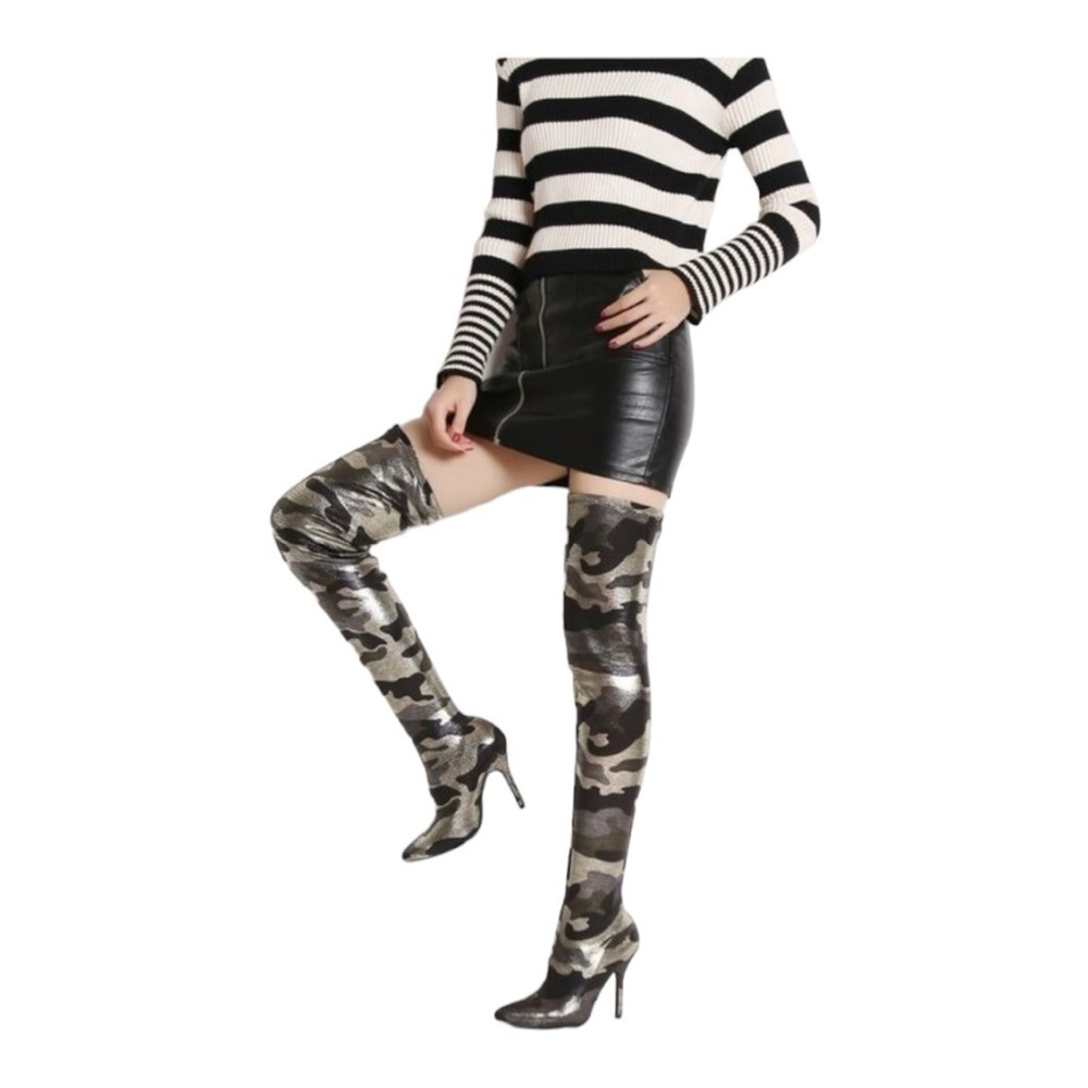 * Mackin J Thigh High Camo Boots * Sexy Stiletto Heels size 7